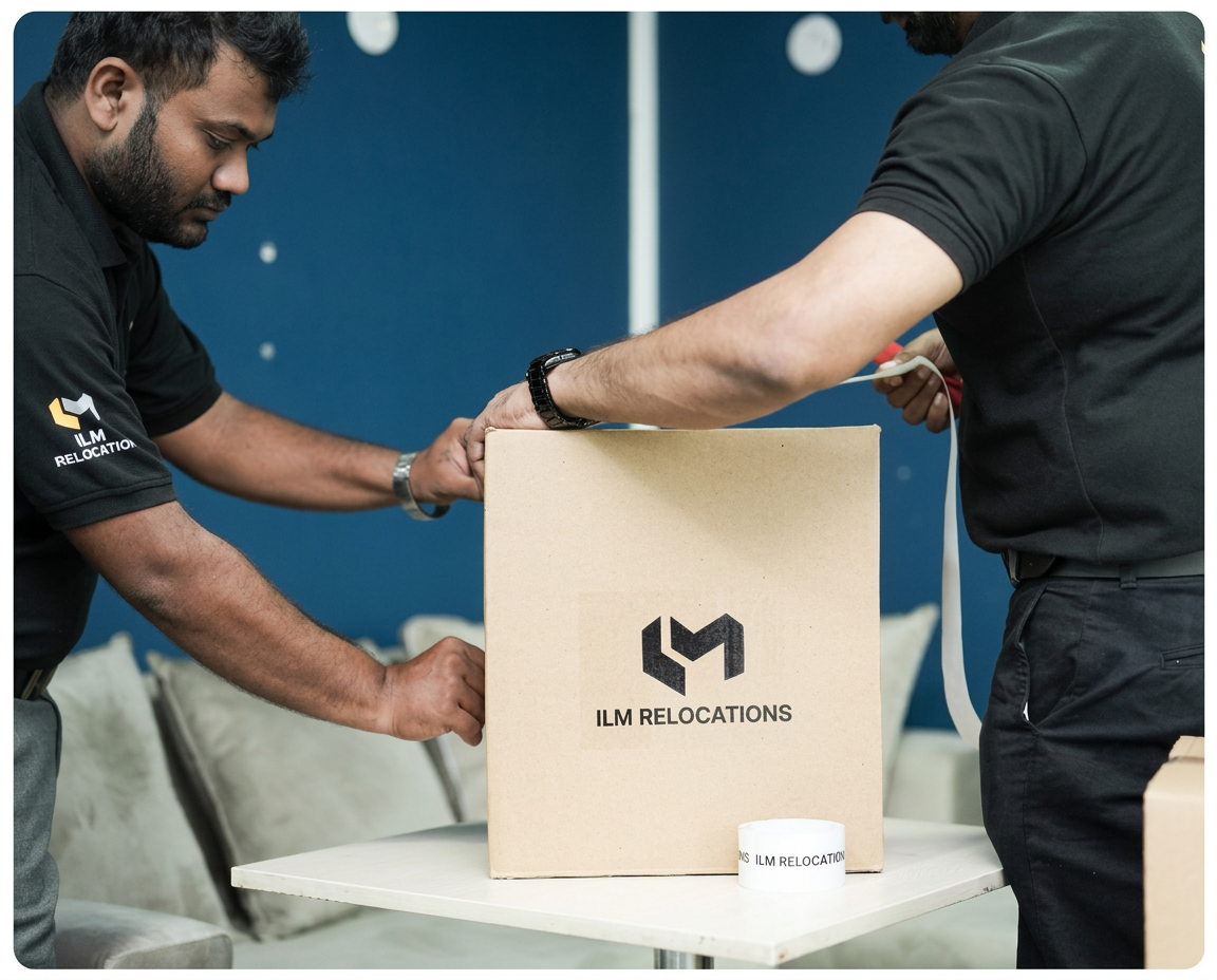 ILM Relocations crew taping a packed carton during a household move
