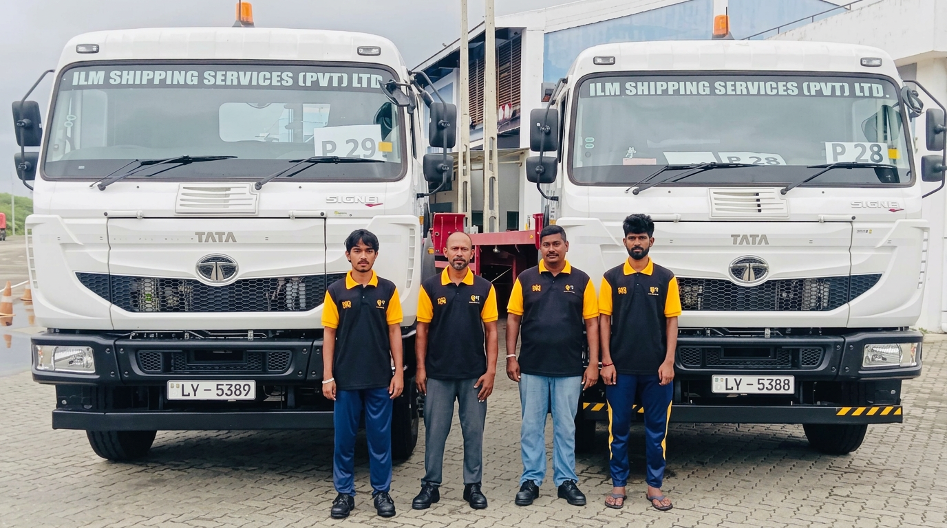 Drivers standing between two heavy Tata trucks