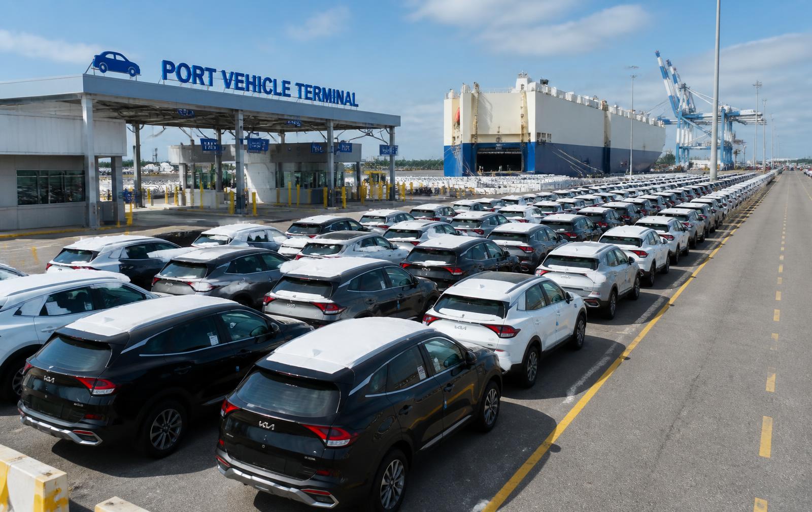 Rows of newly imported vehicles beside a port vehicle terminal gatehouse